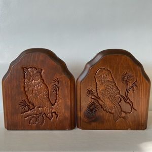 Vintage Carved Wooden Owl Bookends
